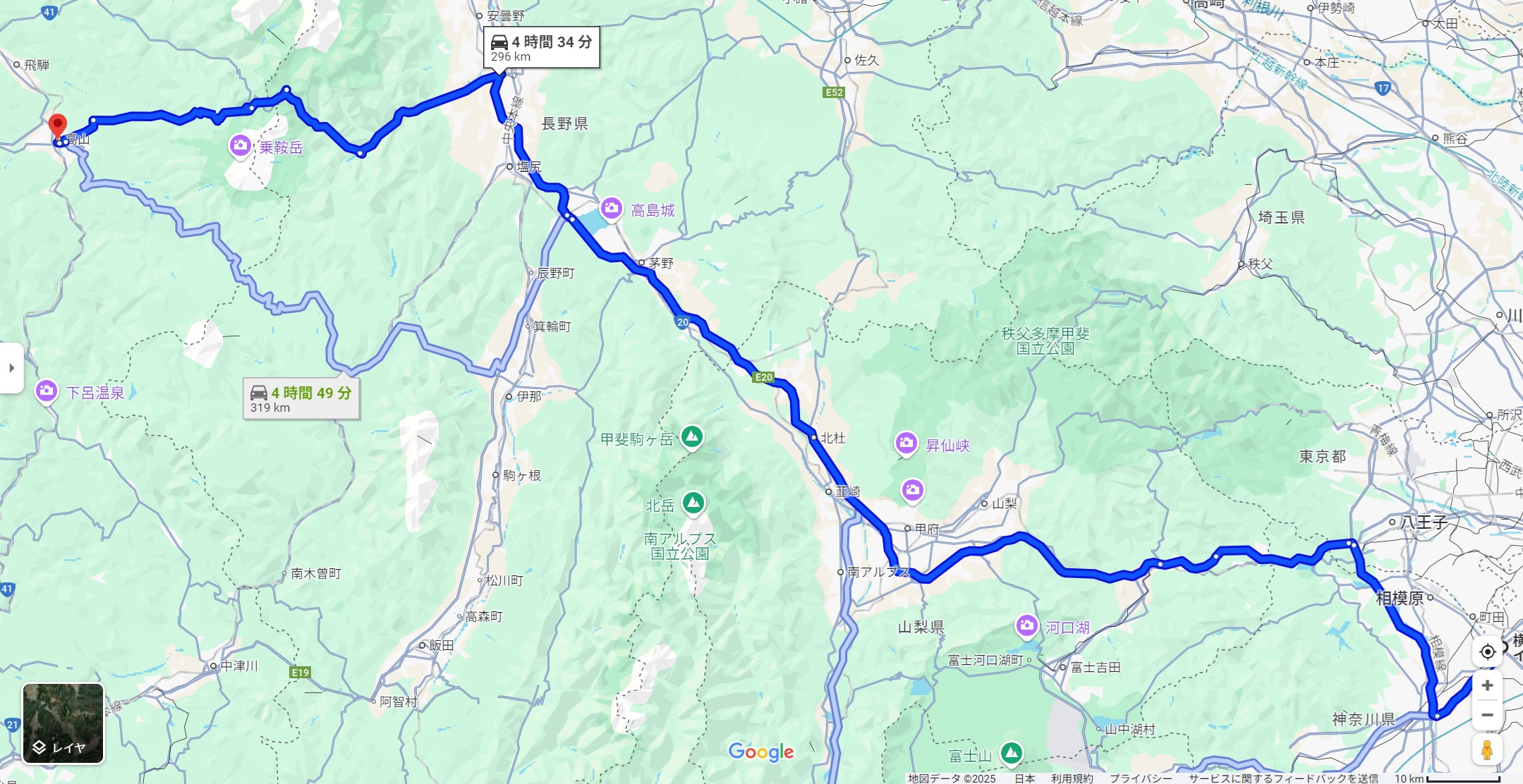 横浜町田ICから高山市までのルート
