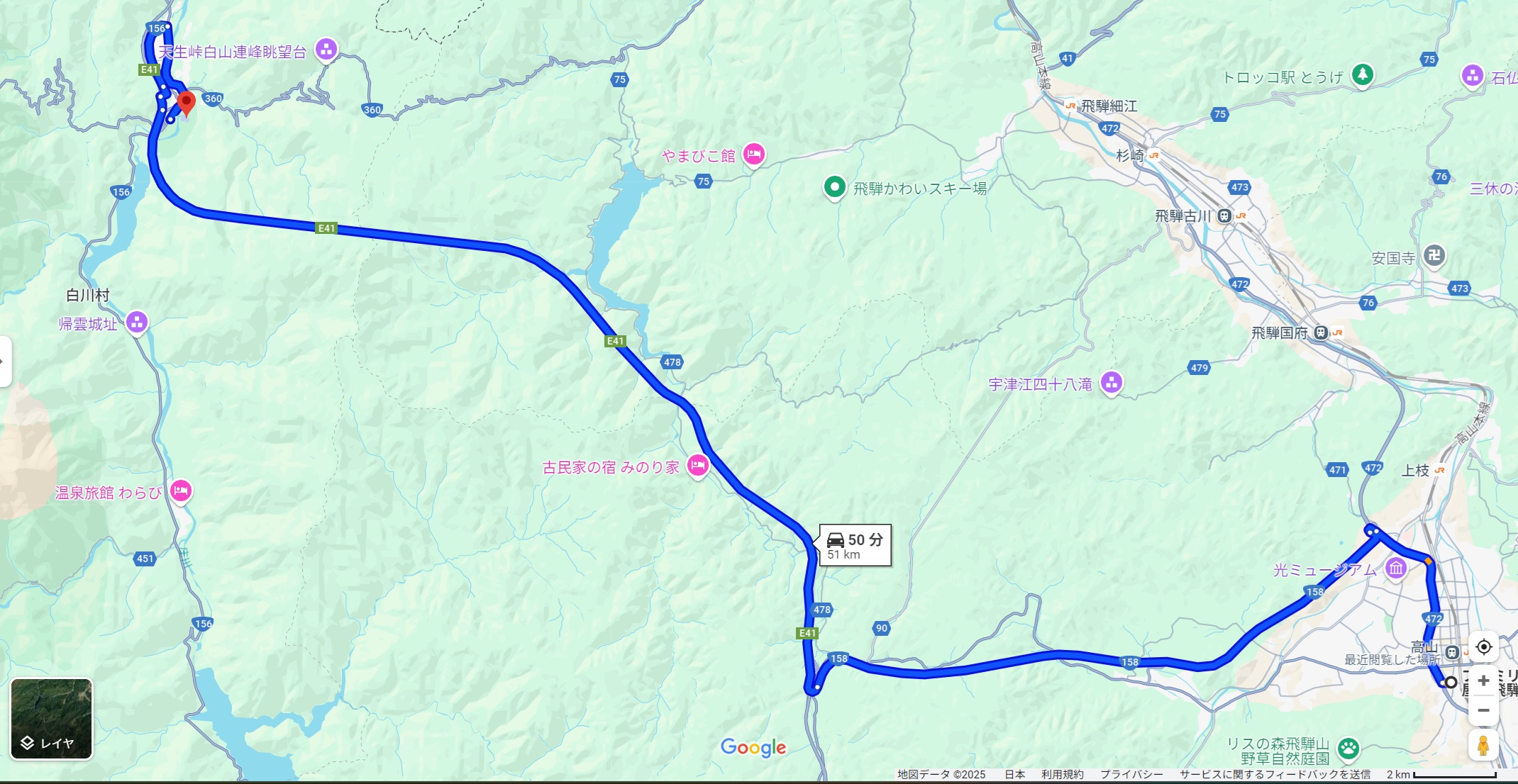 高山市内から白川郷のルート